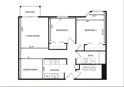 Floor plan for 2 beds, 1 bath, 830 sqft